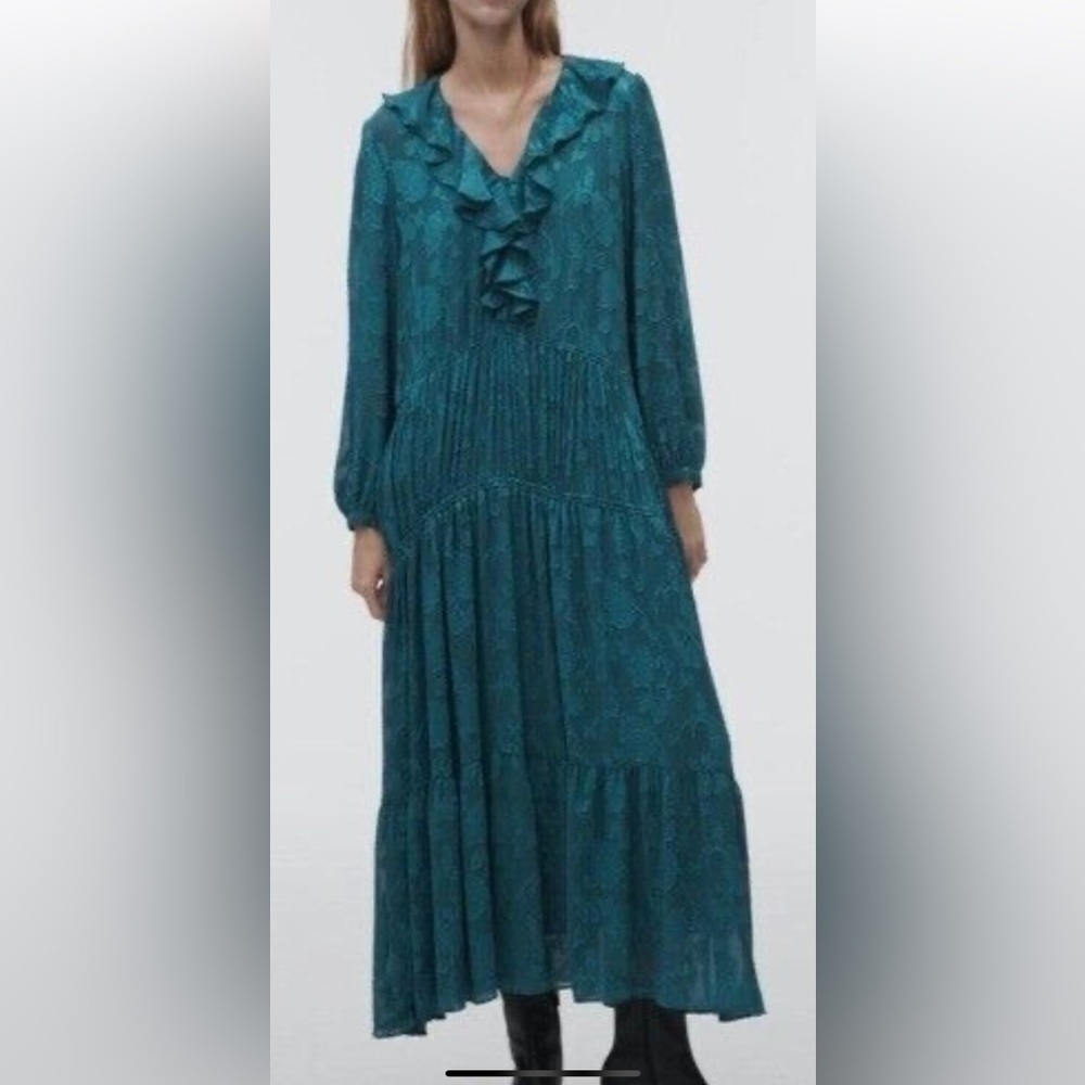 ZARA LONG JACQUARD DRESS WITH RUFFLES DUCK GREEN SIZEXS.  I#55
